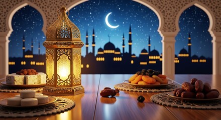 Festive Ramadan Kareem scene with Iftar food lantern and mosque view at night.