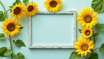 Bright sunflowers surround rustic frame on soft blue background, creating cheerful and inviting atmosphere perfect for showcasing memories or messages