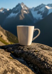 Morning brew amidst majestic peaks: A serene mountain coffee break scene showcasing nature's beauty and peaceful