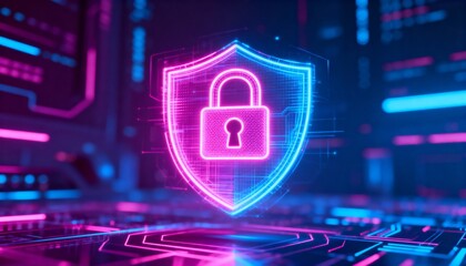 Cyber defense hologram, glowing padlock shield icon, futuristic data protection, neon digital design
