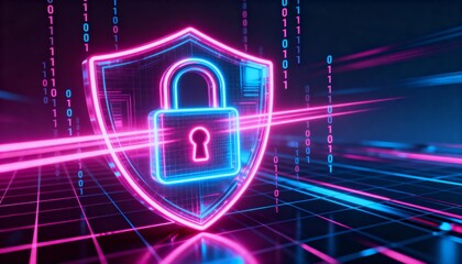 Cyber defense hologram, glowing padlock shield icon, futuristic data protection, neon digital design
