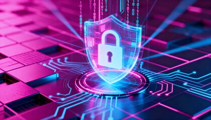 Cyber defense hologram, glowing padlock shield icon, futuristic data protection, neon digital design