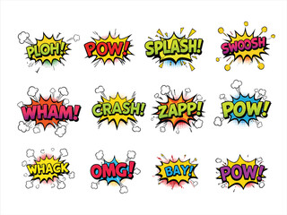 Comic Book Sound Effects Explosions, Action, and Dynamic Visuals in Colorful Speech Bubbles
