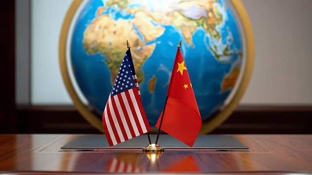 Desk flags of the USA and China in front of a globe symbolizing international diplomacy and relations.
