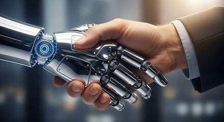 A chromatic robot hand shakes a human hand in a business setting, symbolizing AI partnership, future collaboration, and the integration of technology and humanity.