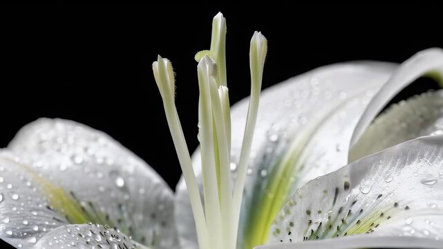 A macro shot showcases a pristine white flower, droplets, delicate petals, stamen