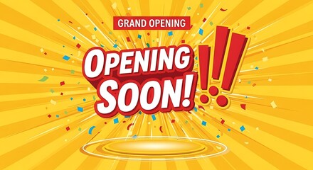 Exciting Grand Opening Soon Banner with Confetti and Stage.