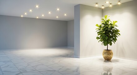 Refined modern room showcase with marble floor, subtle lighting, and ornamental indoor fig tree presenting elegant