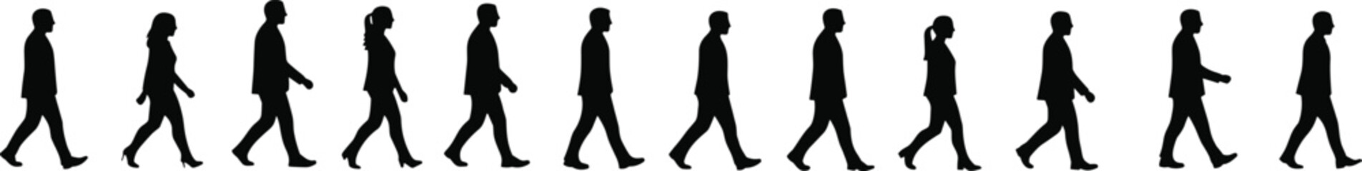 Silhouettes of walking people in line, men and women side view, business and casual figures, human crowd urban lifestyle illustration