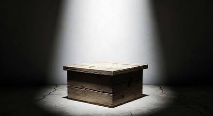 Rustic Wooden Box Under Dramatic Spotlight on Concrete Surface Scene