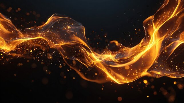 Glowing golden energy flows across a dark backdrop, with shimmering particles and ethereal wisps