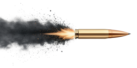 High-Speed Bullet Close-Up with Sparks, Smoke, and Explosion Effect on Transparent Background
Dynamic Flying Bullet in Motion with Fiery Trail and Realistic Metallic Detail