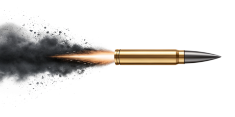 High-Speed Bullet Close-Up with Sparks, Smoke, and Explosion Effect on Transparent Background
Dynamic Flying Bullet in Motion with Fiery Trail and Realistic Metallic Detail