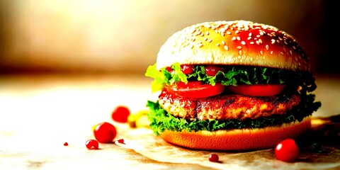Deliciously prepared hamburger with fresh vegetables on a rustic table setting - High Contrast