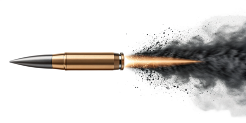 High-Speed Bullet Close-Up with Sparks, Smoke, and Explosion Effect on Transparent Background
Dynamic Flying Bullet in Motion with Fiery Trail and Realistic Metallic Detail