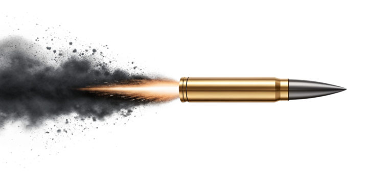 High-Speed Bullet Close-Up with Sparks, Smoke, and Explosion Effect on Transparent Background
Dynamic Flying Bullet in Motion with Fiery Trail and Realistic Metallic Detail