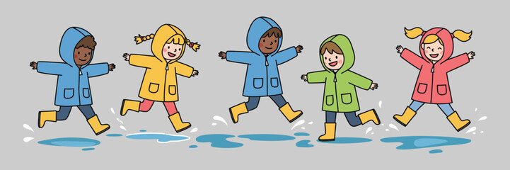 Children Puddles Jumping Joyfully in Raincoats, Expressing Carefree Fun