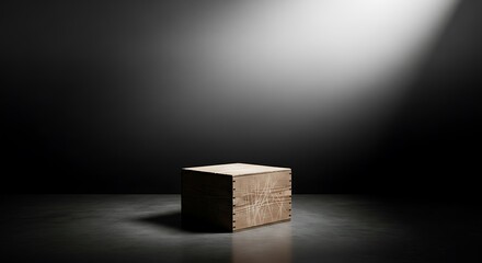 Wooden box highlighted against a dark backdrop, studio setting