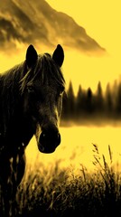 Fototapeta premium Majestic horse stands in grass against misty mountains at dawn near tranquil wilderness