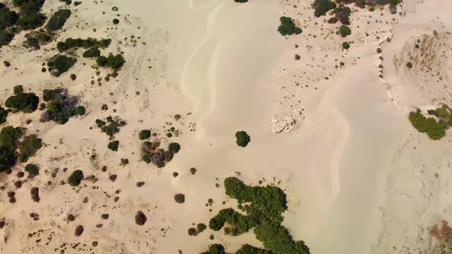 Drone footage captures the stunning aerial perspective of the vast Patara Sand Dunes meeting the turquoise waters of the Mediterranean Sea in Antalya Province, Turkey.