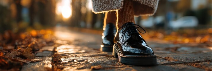 Stylish black shoes on a cobblestone pathway during sunset with fallen autumn leaves scattered around