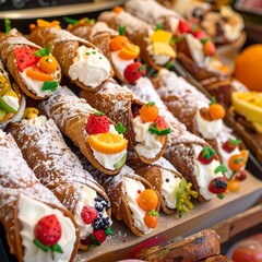 Sweet pastries with whipped cream and fruit