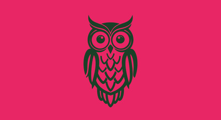 Stylized dark green owl with large eyes and intricate feather patterns.
