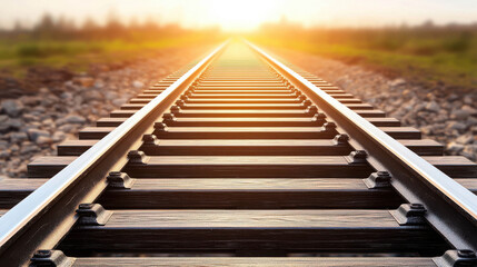 Fototapeta premium Serene Sunset Over Empty Railroad Tracks Leading into Distant Horizon with Warm Sunlight and Soft Landscape in Background