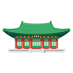 Fototapeta premium Illustration of a traditional Korean hanok architecture with a green tiled roof and red accents against a white background.