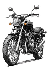 Detailed monochrome illustration of a classic cafe racer motorcycle, front view