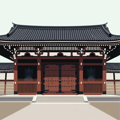 Obraz premium Illustration of a traditional Korean hanok architecture building with a tiled roof and wooden doors, set against a clean background.