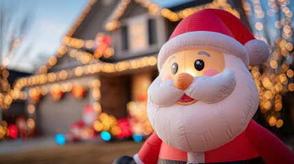 inflatable Santa Claus doll in front of a Christmas-decorated house