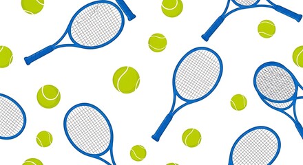 Vibrant seamless pattern featuring tennis rackets and balls in a dynamic arrangement perfect for