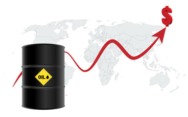 Oil price hike with world map background, increase in oil price world wide concept image
