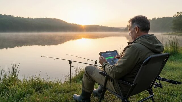 Fisherman uses a tablet with AI fishing app displaying optimal catch times beside a serene lake during early morning light.