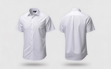 Two-sided view of a crisp white short-sleeved collared shirt presented as a floating mockup.