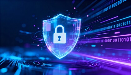 Digital shield glowing in cyber space, lock symbol in center, abstract secure data technology