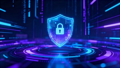 Digital shield glowing in cyber space, lock symbol in center, abstract secure data technology