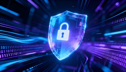 Digital shield glowing in cyber space, lock symbol in center, abstract secure data technology