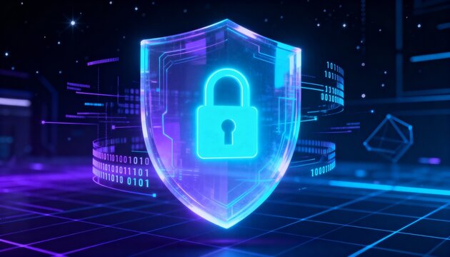 Digital shield glowing in cyber space, lock symbol in center, abstract secure data technology