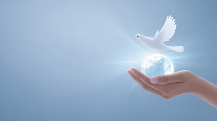 Hand holding glowing Earth with white dove flying above symbolizing global peace hope.