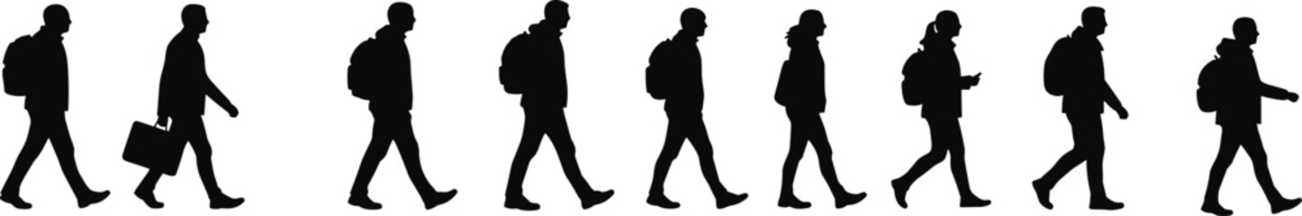 Walking people silhouettes collection, business commuters, urban pedestrians with backpacks, casual lifestyle figures, man and woman walking vector illustrationWalking people silhouettes 