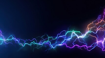 Colorful, bright lightning bolts streaks across dark background with glow effects
