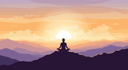 Silhouette of person meditating on mountaintop.