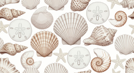 Sea Shell Pattern with Various Types of Shells and Starfish.