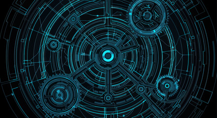 Intricate Blue Technological Design with Concentric Circles and Gears.