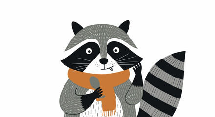 Cute illustrated raccoon wearing a warm orange scarf.