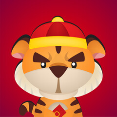cute tiger wearing a Chinese style hat