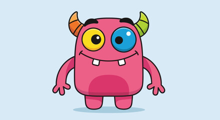 Cartoon Pink Monster with Horns and Googly Eyes Smiling.