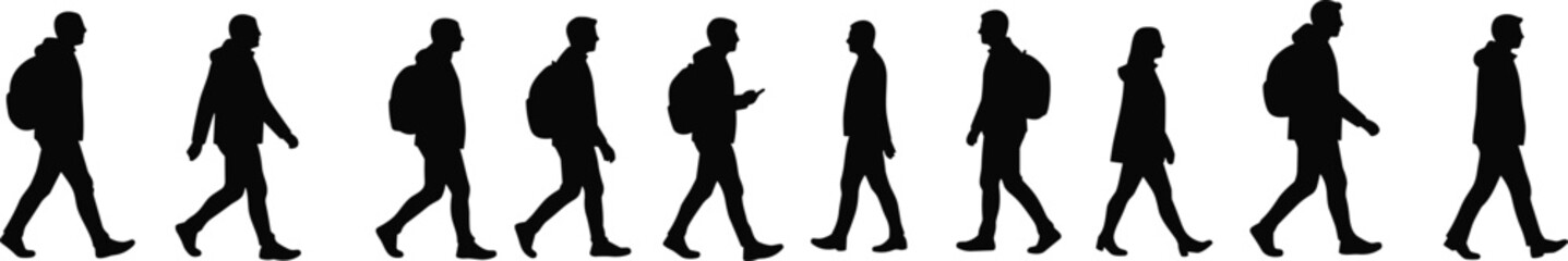 Walking people silhouettes collection, urban commuters, men and women with backpacks, casual city lifestyle, business pedestrians, vector illustration designWalking people silhouettes  
